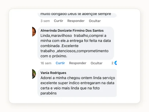 Comentários de clientes no Facebook